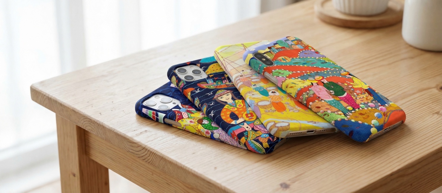 四个硅胶手机壳，分别印有参考图中的四个渔民画图案，四个手机壳都放在室内明亮的桌子上，随机堆叠摆放，写实产品摄影风格，画面清晰明亮预览效果