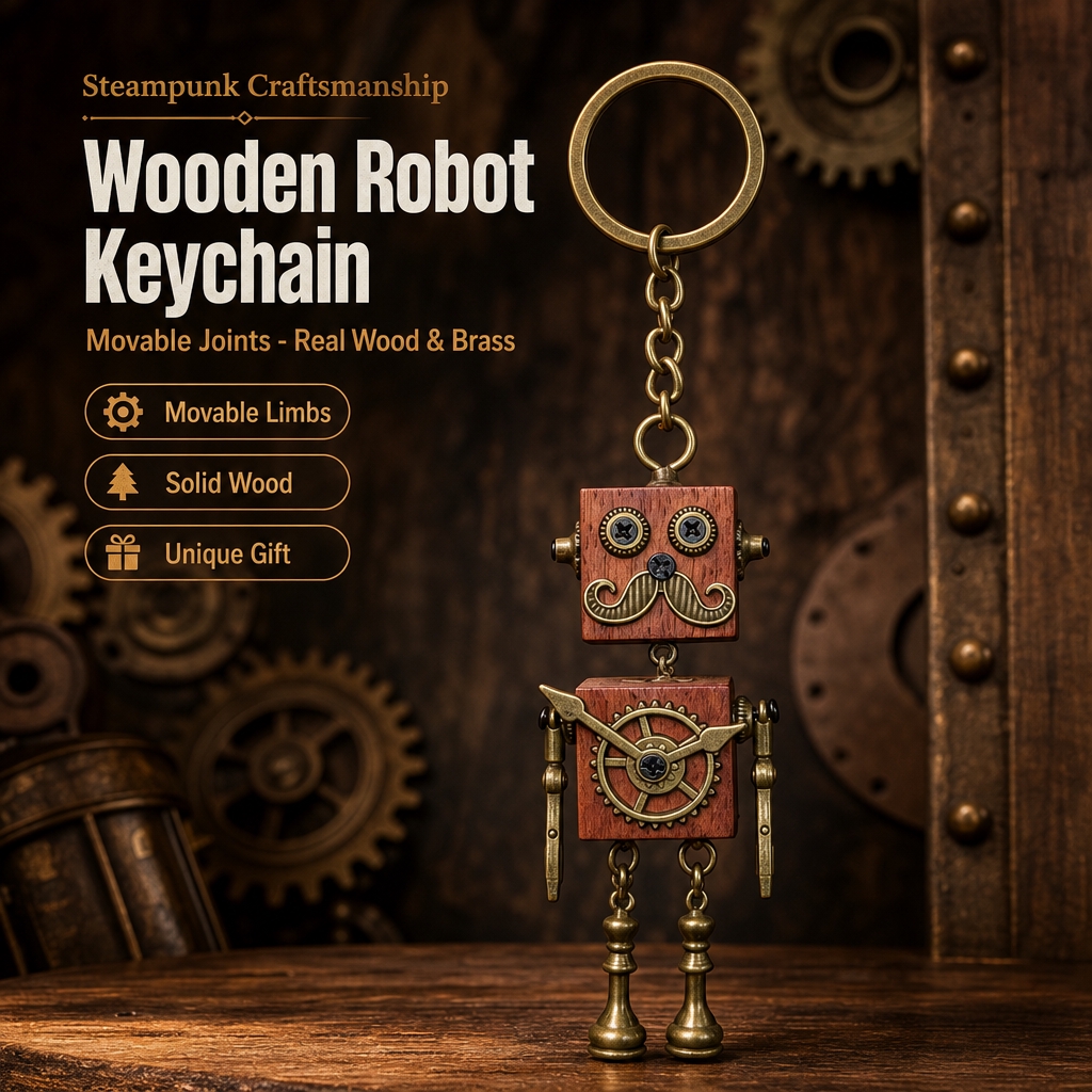 [主图1] Steampunk Wooden Robot Ke… - 图片创意预览