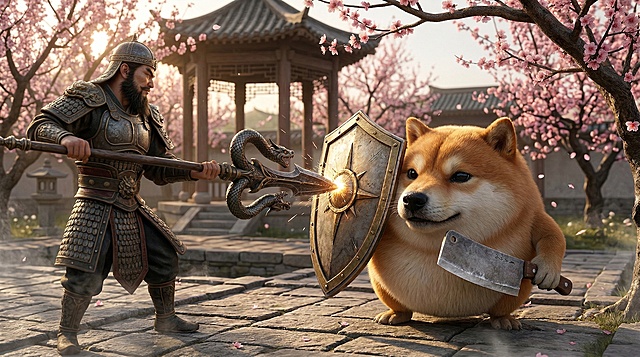 去掉右上角树枝上挂着的写有“我的刀盾”的木板牌子，扩展图片边缘，保留原画面所有其他内容和风格，保持古风景观，桃花树，古代武将持三叉戟，柴犬手持菜刀并举着盾牌对峙的内容不变