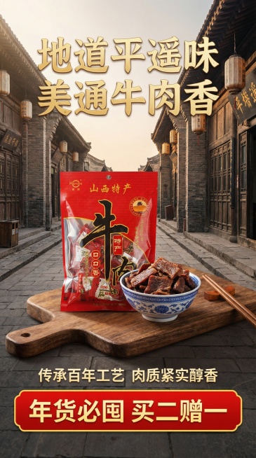 我的产品是平遥美通牛肉 用我提供的产品做 做3张店铺装修海报(宽度750像素，高度2000像素)预览效果