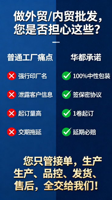 华都橡胶痛点对比详情图，标题为“做外贸/内贸批发，您是否担心这些？”，采用左右对比排版。左侧为普通工厂的痛点展示，用红色叉号标注：❌ 强行印厂名、泄露客户信息、起订量高、交期拖延。右侧为华都的承诺展示预览效果