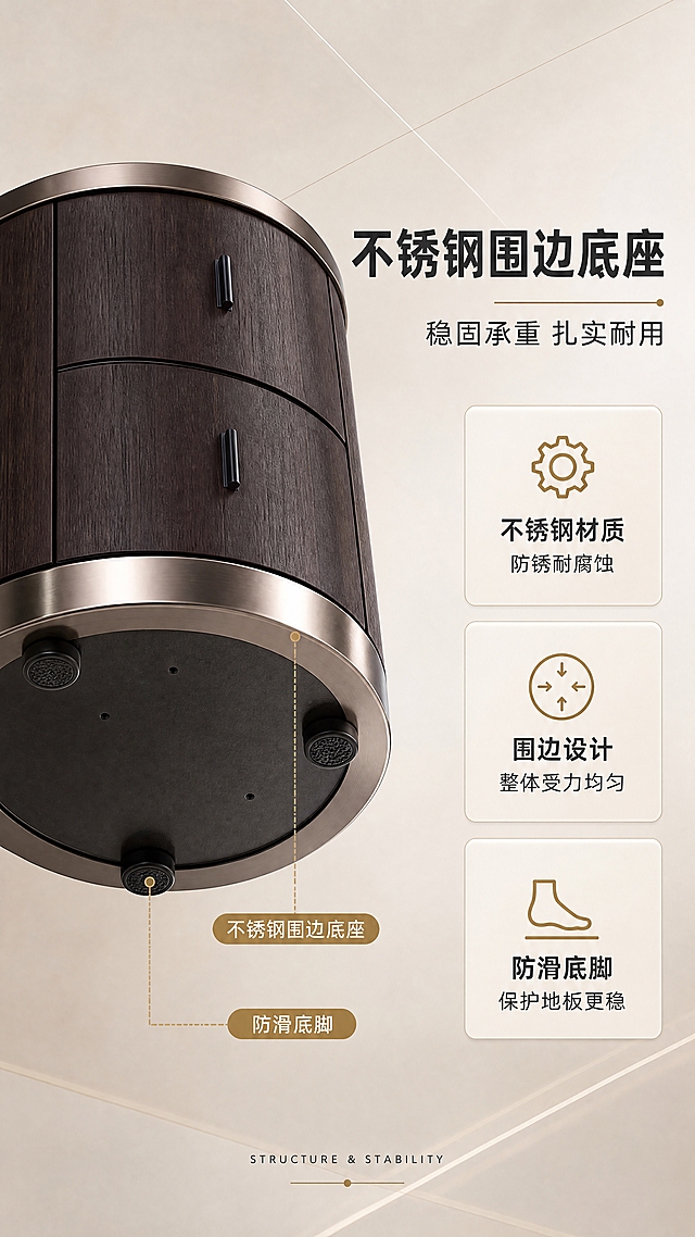[商品] 使用【图1】DL-8817圆形双抽屉床头柜；保留圆形轮廓、双抽屉结构、古铜色金属台面与底座、烟熏木皮柜体纹理、竖向长拉手、整体比例与颜色材质；底座不锈钢金属质感增强，不改变产品结构与外观。
[画面] 目标：底架结构解析页，深度说服稳固性与耐用性。构图：左图右文，左侧产品底部仰视特写（约占画面55%），重点展示不锈钢围边底座；右侧竖列结构说明区。前景产品底座特写，中景结构标注线，背景浅暖灰渐变+几何线条装饰。阅读动线：左侧底座特写→右侧结构说明。
[视觉] 套系策略：风格=现代轻奢高级商业摄影；标题字=现代无衬线粗体（思源黑体Heavy）；正文字=简洁无衬线体（思源黑体Regular）；主色=浅暖灰+古铜金；背景延展=基于浅暖灰做深浅层级、同色渐变、细腻纸张/金属质感；强调色=古铜金，仅用于小面积图标、引线、标签和局部光效；标题色=深炭灰；正文色=中暖灰；组件=圆角浅底信息卡、细线引线、金色序号胶囊；光影=左前侧暖柔光，不锈钢底座有金属高光与环境反射，质感强烈。
[文字] 右侧文案区：主标题「不锈钢围边底座」（8字），副标题「稳固承重 扎实耐用」（8字）。3条结构卖点配金色图标：「⚙ 不锈钢材质 防锈耐腐蚀」「📏 围边设计 整体受力均匀」「🦶 防滑底脚 保护地板更稳」。产品底座处用金色引线标注「不锈钢围边底座」「防滑底脚」。底部小字「STRUCTURE & STABILITY」。所有文字横排。
[规格] 淘宝/天猫详情页，单屏比例9:16竖版，分辨率4K，中文简体，移动端可读。避免变形、错字、文字过小、冷蓝/冷灰背景、产品颜色改变、结构失真、极限词、虚假宣传、平台Logo水印。
