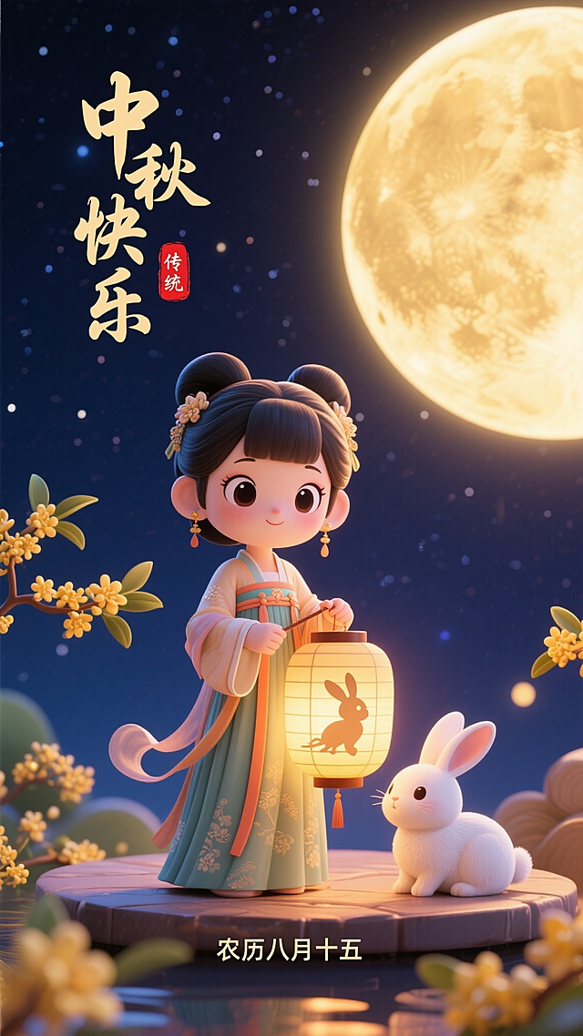 Q版古装少女身着襦裙，轻提映有玉兔剪影的镂空灯笼，身侧蜷坐玉兔互动，中景巨大满月边缘晕染暖金柔光，背景深邃星空，左上方圆润书法字体“中秋快乐”，右侧朱红篆体“传统”印章，底部清雅小楷“农历八月十五”，四周动态金黄桂花枝，梦幻温馨喜庆氛围，3D卡通渲染风格