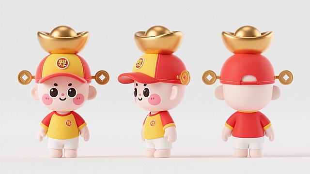 以元宝为主设计IP ，头是个元宝或者铜钱，大眼睛，可爱的表情，脸红，干净的背景，发财大卖主题，颜色以红黄为主，头上戴着帽子，帽子是棒球帽两边有财神帽子的帽翅，穿棒球衫，不要太低龄，不要截半身要全身三视图