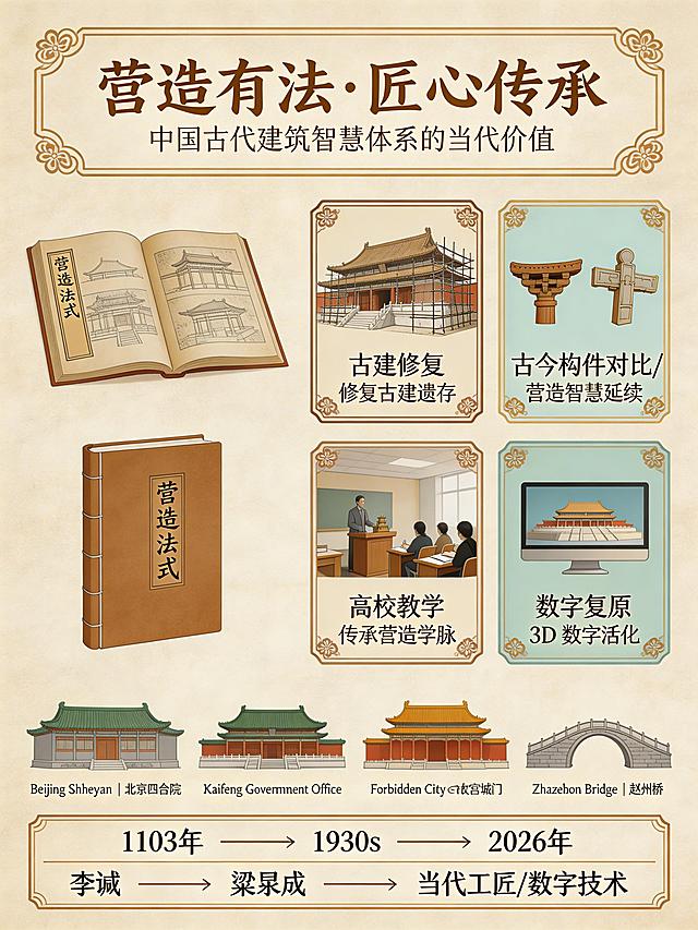 Chinese ancient architecture educational poster, clean and professional layout, warm rice paper beige background fully filled, no watermarks, no text artifacts. TOP SECTION (15%): Title "营造有法·匠心传承" in elegant Chinese calligraphy font, golden brown color, subtitle "中国古代建筑智慧体系的当代价值" below in smaller font, decorative traditional border frame around title area. LEFT SIDE: Upper part is open ancient Chinese open book "Yingzao Fashi" with architectural drawings on pages, warm parchment color, detailed line art of traditional buildings on pages. Below the open book, remove Li Jie portrait and "作者：李诫，add the closed cover image of "Yingzao Fashi" in this position，keep the style consistent with the overall poster. RIGHT SIDE: Four square information boxes in 2x2 grid, each with icon and text: 1. Top-left: Ancient building restoration with scaffolding, label "古建修复 / 修复古建遗存"，top-left light beige background, dark brown border 2. Top-right: Dougong bracket comparison (ancient vs modern), label "古今构件对比 / 营造智慧延续"，top-right light cyan background, gold border 3. Bottom-left: University classroom scene with teacher and students, label "高校教学 / 传承营造学脉"，bottom-left light rice paper background, earth brown border 4. Bottom-right: Computer screen showing 3D building model, label "数字复原 / 3D 数字活化"，bottom-right light celadon background, bronze border. Each box has traditional corner decoration, harmonious color scheme. BOTTOM SECTION (20%): Four building illustrations in a row from left to right: 1. Beijing Siheyuan courtyard (green roof) 2. Kaifeng government office (green roof) 3. Forbidden City gate (yellow/orange roof) 4. Zhaozhou stone arch bridge (gray stone) Each with bilingual label (English + Chinese) below. FOOTER (5%): Timeline bar with traditional decorative frame: "1103 年 → 1930s → 2026 年" on top line, "李诫 → 梁思成 → 当代工匠/数字技术" on bottom line, golden brown text. STYLE: New Chinese illustration style, clean lines, flat design with subtle shading. Color scheme: warm beige, muted cyan, gold, earth brown. No watermarks, no artifacts. Professional educational poster quality, high detail, symmetrical and balanced composition, clean information hierarchy.