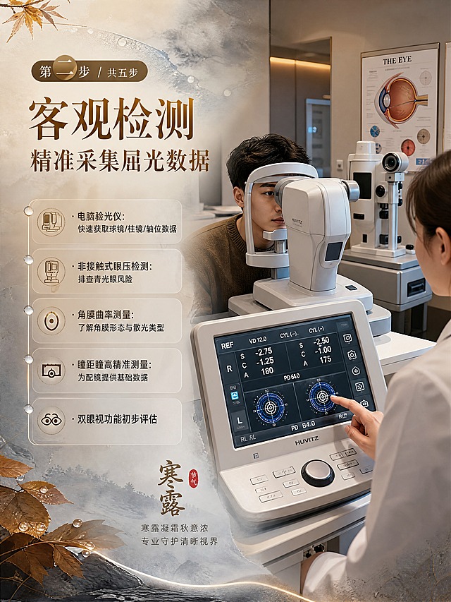 [商品] 验光流程第2张-电脑验光与眼压检测；顾客坐在电脑验光仪前，下巴放在托架上，眼睛对准仪器镜头，验光师在旁操作控制面板。
[画面] 目标：展示客观验光环节——电脑验光与眼压检测的精密设备与专业操作。构图：右图左文，设备场景在右侧。主体占比约55%。景别：中景+设备特写。前中后景：前景电脑验光仪控制面板（数据屏幕清晰可见），中景顾客头部固定在仪器托架上，专注配合检测，验光师手指轻触屏幕操作，后景现代化验光室，旁边有眼压计设备，墙上有医学解剖图，暖光照明。
[视觉] 套系策略：风格=寒露节气氛围感商业摄影，北京深秋调性，清冽+温暖交织；标题字=宋体衬线粗体，有文化书卷气；正文字=简洁无衬线体；主色=深秋金棕+寒露冷灰蓝；背景延展=基于金棕与冷灰做晨雾渐变，落叶纹理、石材质感；强调色=露珠莹白，仅用于小面积高光、图标和引线；标题色=深棕金；正文色=暖灰棕；组件=细线引线、圆角半透明信息卡、露珠/秋叶装饰元素、步骤编号圆圈；光影=仪器冷光+室内暖光交织，设备有科技感金属反光。
[文字] 顶部步骤标识「第二步 / 共五步」，主标题「客观检测 精准采集屈光数据」，正文要点：「· 电脑验光仪：快速获取球镜/柱镜/轴位数据」「· 非接触式眼压检测：排查青光眼风险」「· 角膜曲率测量：了解角膜形态与散光类型」「· 瞳距瞳高精准测量：为配镜提供基础数据」「· 双眼视功能初步评估」。文字区位于左侧，分点排版，配设备小图标。
[规格] 图片比例3:4竖版，4K分辨率，负向提示：避免变形、错字、文字过小、设备不真实、数据屏幕模糊、人物姿势不自然。