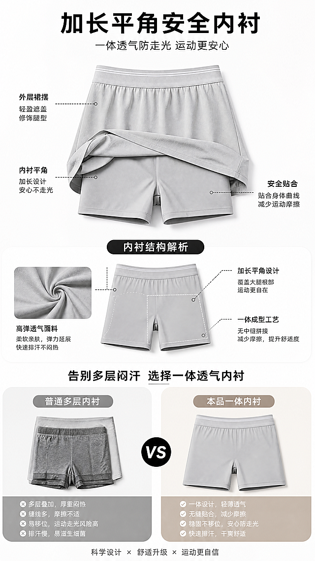 使用商品详情页技能根据商品图「图片1」「图片1」「图片1」「图片1」生成详情页，参考图为，商品名称为条纹高腰网球短裙女，卖点为卖点 1：一体式加长平角安全内衬短裤 痛点：普通单层短裙大幅度挥拍、深蹲、跑跳极易走光，叠加内裤多层布料闷汗黏腿；微胖大腿摩擦红肿，运动全程没有安全感 卖点 2：双条纹加宽高弹收腹腰头 痛点：细腰头勒压小腹赘肉，吃饱后紧绷鼓包；低腰版型拉低身材比例，小个子穿出五五分，水洗后松紧松弛下滑掉档 卖点 3：利落平 A 宽松不贴腿剪裁 痛点：包臀紧身裙束缚劈叉、跨步动作，胯宽梨形身材放大下半身臃肿；百褶款软塌显拖沓，平 A 版型简约显瘦不挑胯型 卖点 4：冰感速干哑光高弹梭织面料 痛点：普通运动裙出汗整块贴皮肤，纯棉款吸水变厚重难风干；廉价面料透内裤印、起球发硬，浅色显脏没质感 卖点 5：高密锁边高温固色抗形变工艺 痛点：彩色裙机洗掉色染内衣，腰头条纹水洗晕色；侧缝缝线拉扯崩开，裙摆水洗卷边、版型垮塌没轮廓 三、适用人群分层 ①核心主力（成交 60% 以上） 25-35 岁精致宝妈、都市新锐白领 日常平衡网球健身、写字楼上班、带娃遛弯多重场景，偏爱一裙多穿百搭基础款，既要运动舒展安全，又要穿搭简约显气质，拒绝臃肿廉价感。 ②运动爱好者细分人群 网球 / 羽毛球：大幅度挥拍跑动，A 字版型无拉扯、全程防走光 瑜伽 / 普拉提：深蹲、拉伸体式零束缚，轻薄面料无负重 慢跑 / 健身房有氧：速干排汗，安全裤隔绝大腿摩擦 轻形体训练：简约条纹腰头，利落版型拍照显瘦上镜 ③全身材友好适配 梨形身材：直筒 A 摆弱化宽胯、假胯宽，视觉收窄下半身 苹果型身材：宽高腰柔和包裹小腹肉肉，不勒肚不鼓包 150-160 小个子：高腰抬升腰线，裙长比例适配，拉长腿部线条 大腿粗 / 肌肉腿：宽松裙身遮挡腿型短板，不会紧绷勒出腿肉轮廓 微胖丰满身形：高弹面料包容身形，不挤压赘肉、不贴肤显胖 ④次要人群 18-24 岁女大学生：体育课、校园穿搭、课余轻运动，马卡龙亮色元气清爽 36 + 轻熟女性：黑 / 灰沉稳低饱和色系，简约条纹低调大气，弹力温和无压迫 四、四大穿戴场景 + 详细搭配方案 1. 专业运动场景 搭配：纯色工字瑜伽背心 + 长筒运动袜 + 网球鞋 / 软底瑜伽鞋，微凉天气外搭薄速干防晒外套 适配：网球对战、瑜伽普拉提、慢跑、健身房有氧；跑跳下蹲不走光，出汗速干不粘腿，面料轻薄无负重 2. 职场通勤场景 搭配：修身针织小吊带 / 简约雪纺短袖，外搭短款垂感小西装，脚踩低跟乐福鞋 适配：写字楼日常办公、短途外勤；条纹腰头简约低调，裙长端庄得体，下班可直接奔赴球场健身房，无需更换下装 3. 日常遛娃逛街休闲场景 搭配：宽松短款牛仔外套 / 冰丝防晒罩衫 + 基础白 T 恤，搭配帆布鞋、软底凉鞋 适配：带娃散步、下午茶、超市采购、短途出游；宽松裙身抱娃抬手无束缚，配色清爽减龄，久坐不闷汗 4. 四季内搭场景 春夏：单穿搭配运动背心、短袖、薄防晒衣； 秋冬：内搭长款卫衣、毛衣、风衣大衣，裙摆藏在外套内，安全裤打底防走光，贴身不臃肿鼓包 五、详情科普四大知识点（可直接做详情长图文字） ①面料工艺科普 材质配比：高弹锦纶 + 高韧性氨纶梭织混纺，哑光冰感薄款克重，透气不闷、久穿不厚重 速干冰肤原理：梭织纤维中空导湿结构，汗液快速导出面料表层挥发，运动后无大片汗渍黏腻感 织造工艺：高密平纹抗皱织造，纱线回弹稳定，揉搓不易起皱、勾丝、松垮变形 亲肤属性：无荧光柔顺预处理，敏感肌贴身不扎；高遮盖哑光底色，浅色系完全不透内裤痕迹 ②人体剪裁工学科普 双条纹宽高腰：4cm 加宽弹力腰头，贴合腰腹曲线，承托赘肉不下滑，拉高腰线打造三七分身材 平 A 直筒裙身：均等立体裁片，裙摆自然垂落不贴腿，跨步深蹲零束缚，适配绝大多数下半身身材 内置安全裤剪裁：加长平角无痕裤腿，覆盖大腿摩擦高发区，弹力适中不勒腿根、运动不卷边 全包精密锁边：裙摆、侧缝双层平缝加固，大幅度拉扯不开线，水洗后不会卷翘变形 ③三套完整多场景穿搭搭配技巧 搭配 1：健身网球成套套装 条纹高腰短裙 + 同色系撞色瑜伽背心 + 薄速干运动外套；同色系成套简约高级，网球场、瑜伽馆拍照显瘦出片，一套搞定全天运动穿搭 搭配 2：轻商务通勤套装 浅灰 / 黑色短裙 + 修身纯色针织背心 + 黑色短款小西装 + 低跟乐福鞋；办公室内敛得体，通勤健身一衣两用，省去换装麻烦 搭配 3：松弛休闲日常套装 薄荷绿 / 复古绿短裙 + 基础白短袖 + 浅蓝短牛仔外套 + 小白帆布鞋；遛娃逛街清爽有活力，亮色提亮穿搭氛围感，行动自在无拘束 ④洗护保养小贴士（延长裙裤使用寿命） 洗涤水温：30℃以内冷水轻柔清洗，严禁高温热水浸泡（高温破坏氨纶弹力、腰头条纹易晕色、面料加速老化松弛） 洗涤方式：翻面装入洗衣网袋机洗，禁止与深色牛仔、易掉色衣物混洗，避免彩色裙串色发白 清洁剂：使用中性内衣专用洗衣液，严禁漂白剂、强碱洗衣粉，防止安全裤掉色、面料变硬失去弹力 晾晒禁忌：阴凉通风处悬挂阴干，禁止阳光暴晒；暴晒会导致面料弹力衰减、彩色裙褪色发旧、腰头条纹发白 防变形收纳：完全干透后平整折叠存放，不要长期悬挂拉扯腰头；清洗后轻压挤干水分，禁止大力拧绞内衬区域，适配平台为拼多多，图片比例为9:16，需求屏数为8张，