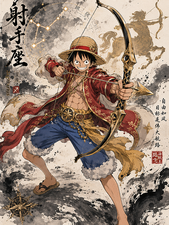 海贼王路飞结合射手座星座元素，表达射手座神性，海贼王原动漫绘画风格，融入水墨元素和日本动漫画风，画面画风统一，为系列作品中的一张