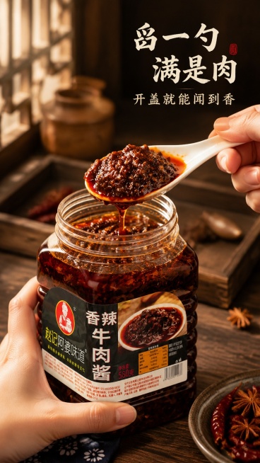 [第5屏] 动作展示屏-手勺舀酱动作展示。本屏使用【图1】作为商品主体。
[氛围/风格] 家常烟火感，暖调自然光，真实生活氛围感。
[元素布局] 一只手握住酱瓶身，另一只手用陶瓷勺子从瓶口舀出牛肉酱，预览效果
