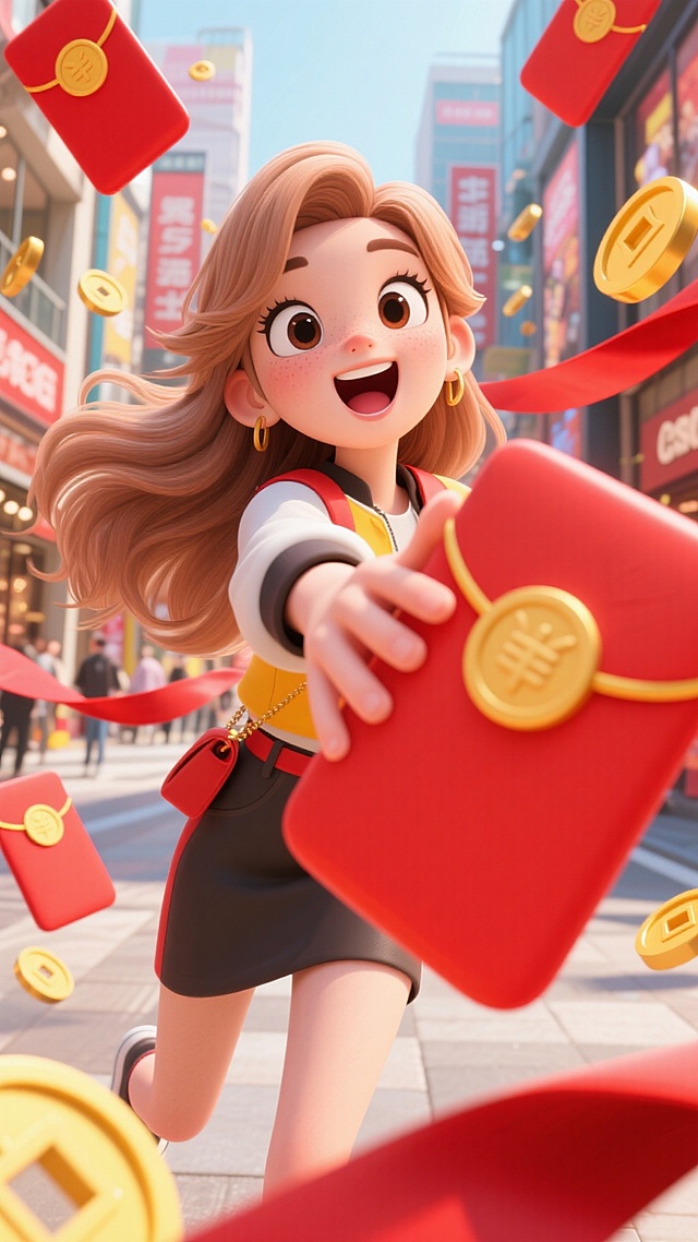 强烈镜头畸变，冲击力强，大幅度夸张动作，画面四周围绕的是很多红包和金币，一个浅棕色长发穿搭时尚的女生，左手向前伸向镜头，刚刚接着一个大红包，惊喜的表情，表情开心，比例夸张，背景在室外的商场。主色调为红色和黄色。背后有红色的丝带。