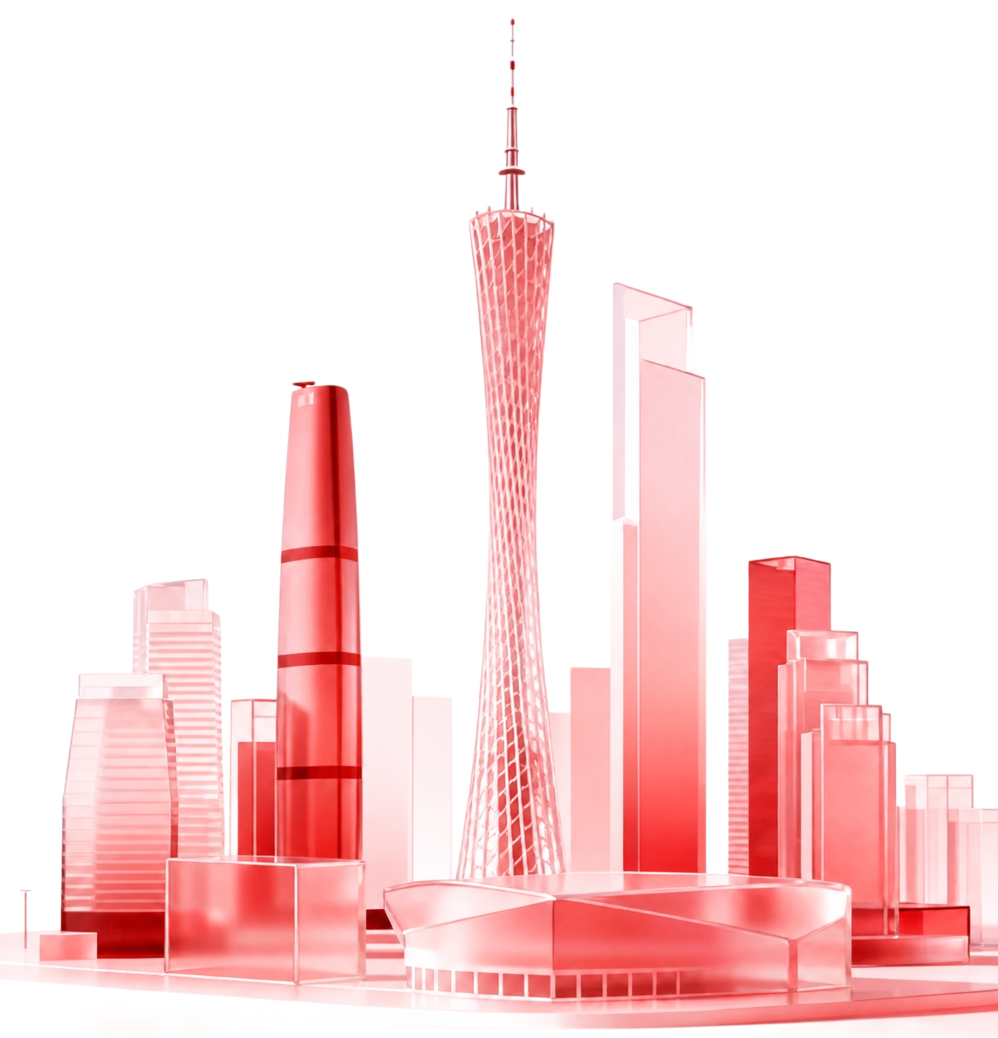 参考图中的广州城市天际线建筑，保持3D玻璃质感透明磨砂风格，将… - 图片创意预览