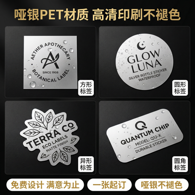 [主图主题] 哑银PET材质不干胶主图
[氛围/风格] 电商高品质实拍风格，暗黑高级质感
[画面元素] 沿用参考图四宫格展示不同形状的版式，上方两宫格分别展示方形和圆形哑银不干胶，下方两宫格展示异形和预览效果