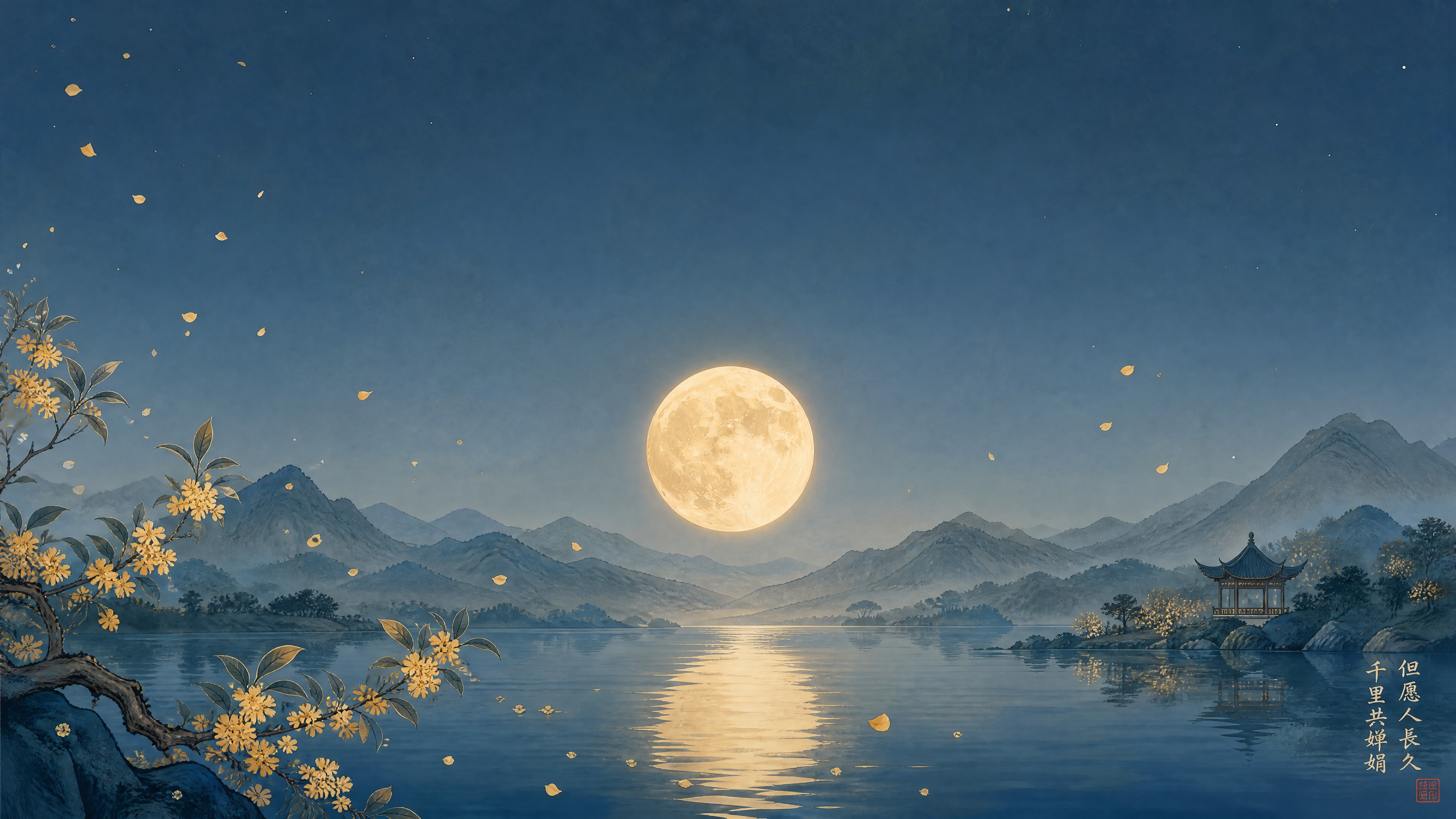 横版中秋节日封面海报，新中式国风插画风格。画面中央偏上位置，一… - 图片创意预览