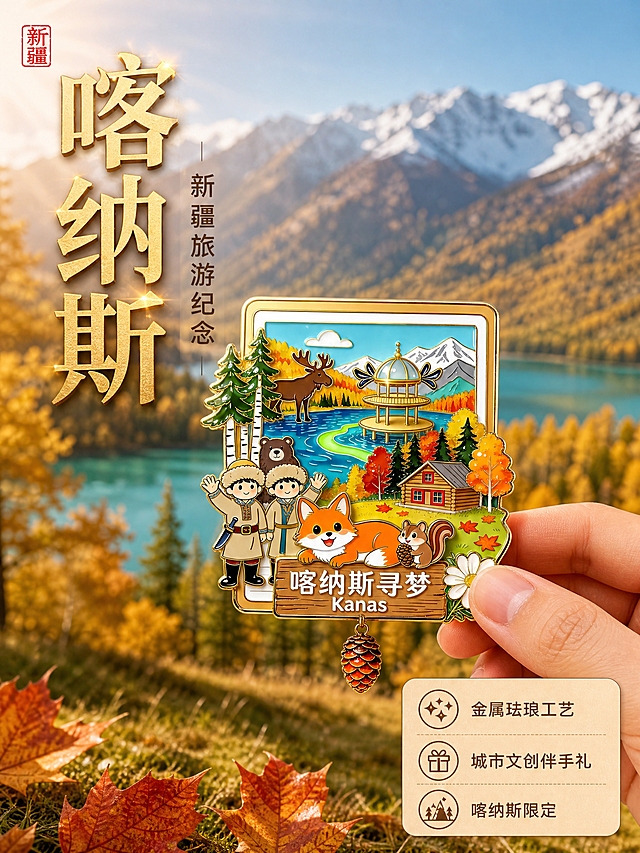 [单张主图] 喀纳斯新疆风景金属冰箱贴 高级氛围感路线 主图目标：突出新疆喀纳斯旅游文创纪念属性，展示金属珐琅精致质感，营造自然旅行氛围，提升点击与转化。
[画面主体] 画面中右侧偏下位置，一只手自然捏着冰箱贴底部松果挂坠上方，手指轻柔持握，展示冰箱贴真实大小与手持质感；冰箱贴完整不裁切，占画面主体约45%，外观、颜色、图案、金属边框、珐琅彩细节、松果挂坠与输入产品图完全一致，保留"喀纳斯寻梦 Kanas"木牌文字、狐狸、松鼠、驯鹿、木屋、湖泊、观鱼亭、雪山、白桦树、人物等全部图案元素，金属边缘有真实金色反光与珐琅彩通透质感。
[构图版式] 采用大字场景海报型版式，上半区用超大中文主标题压住视觉，产品置于中下方真实场景承托，右侧留白放轻信息标签，整体3:4竖版构图，层次分明。
[场景元素] 背景为新疆喀纳斯真实自然风景虚化背景：远处是连绵的阿尔泰山脉与雪山峰顶，中景是蓝绿色的喀纳斯湖与金黄的白桦林，秋季橙黄红渐变的树叶层次丰富，近处是绿色草甸与散落的橙红色枫叶，整体背景做浅景深虚化处理，突出前景的冰箱贴主体；画面左上角点缀一枚小型红色印章样式装饰，写"新疆"二字；右下角放一个浅米色圆角小标签，内有三行轻量卖点图标与文字。
[文案版式] 左上角竖排超大金色主标题"喀纳斯"，字体为粗衬线宋体，字重饱满，金色金属质感，字号最大；主标题右侧竖排稍小的深棕色副文案"新疆旅游纪念"；右下角浅米色圆角标签内，三行横向排列的短卖点，每行前配细线小图标，分别为：第一行"金属珐琅工艺"，第二行"城市文创伴手礼"，第三行"喀纳斯限定"；文字全部为中文，横排清晰可读，不遮挡产品主体。
[光影质感] 自然侧逆光从左上方向照射，冰箱贴金属边框有明亮的金色高光，珐琅彩表面有柔和反光，手持部分有自然接触阴影；整体光线柔和温暖，带有秋日午后阳光的暖调氛围，背景有轻微丁达尔光效，空气感强，景深虚化自然，商业摄影级高清质感。
[配色字体] 主色：秋日金、森林绿、湖水蓝；辅助色：米白、暖棕、橙红；强调色：金属金、印章红；字体：主标题用粗衬线宋体，副文案与卖点用细无衬线体，字重对比明显，层级清晰。
[比例分辨率] 3:4竖版比例，2K高清分辨率，文字清晰可辨，产品细节锐利。
[负向提示词] 产品变形、图案错乱、文字错字漏字、金属质感失真、背景杂乱、人物面部畸形、手指多余或融合、水印、平台Logo、二维码、联系方式、绝对化用语、主体模糊、悬浮感、边缘硬切、白底残留。