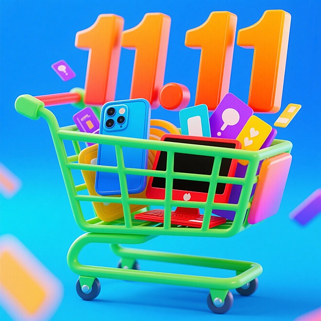 卡通感3D微缩艺术风，塑料质感购物车满载科技产品，搭配波普色彩与“11.11”字样，营造未来感双11促销氛围。