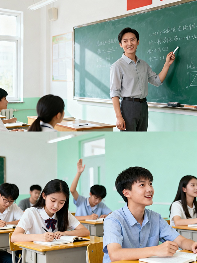 生成一张3：4比例的小红书配图，图中有学生学习和老师讲课两个场景，在图片的上下两部分留出空白位置写标题