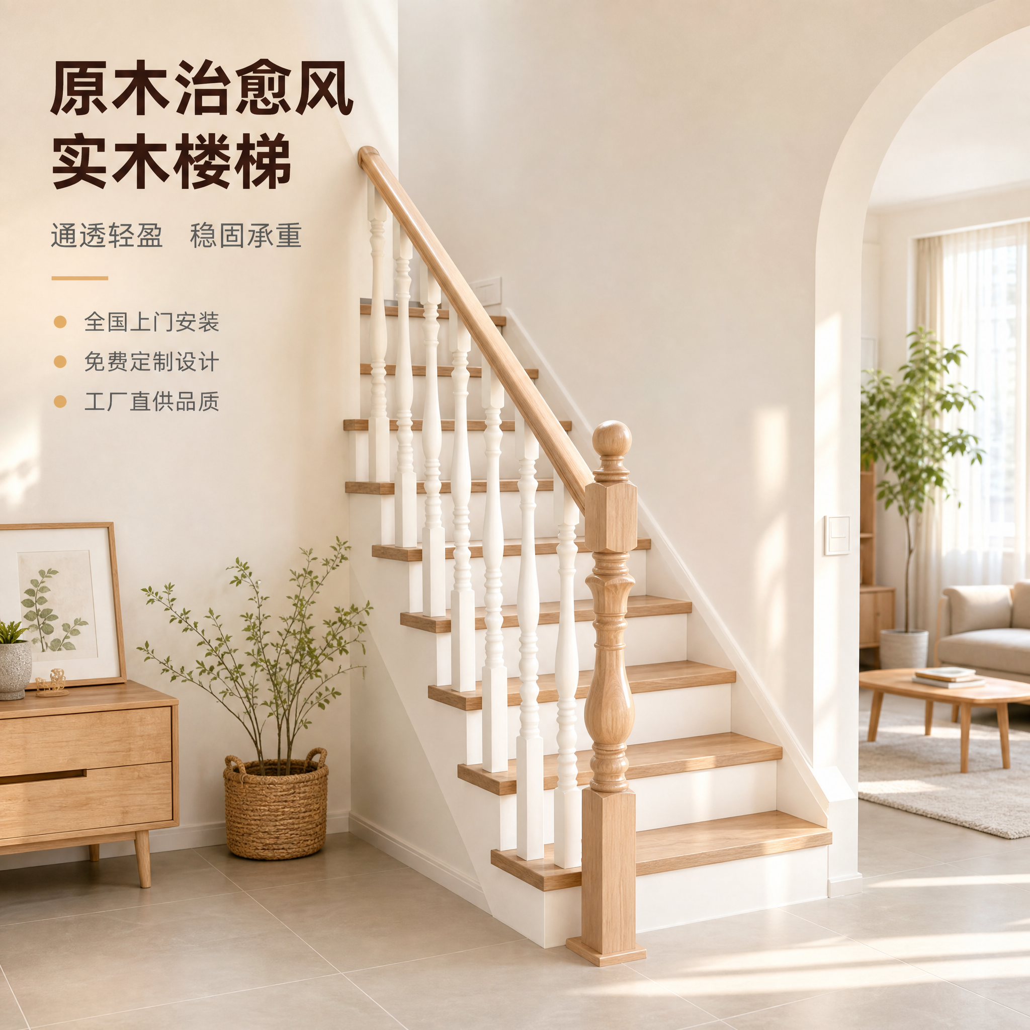 [主图-1] 原木治愈风实木楼梯整体空间场景展示，突出通透轻盈… - 图片创意预览