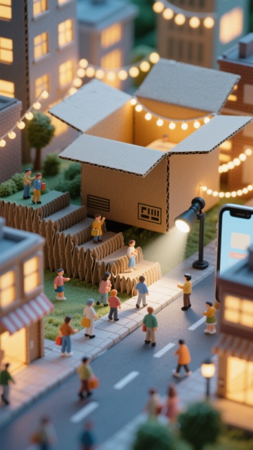微缩3D场景，放大的打开快递箱化作灯火通明城市，瓦楞纸褶皱模拟城市梯田与街道，其中消费者小人影穿梭，正“拆解”代表新商品的微小“建筑”。手机手电筒光如探照灯，为“箱中城”营造亮灯仪式感，突出庆典氛围与预览效果