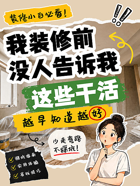 装修小白必看避坑指南实用经验省钱技巧干活分享避坑贴纸卡通撕纸风格小红书封面