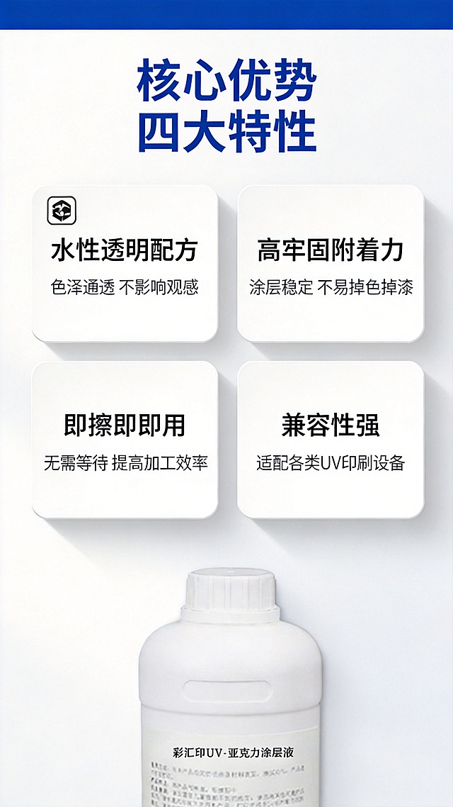 [第3屏] 核心卖点-四宫格展示亚克力涂层液核心优势。
[氛围/风格] 信息清晰规整，专业整洁，模块化展示。
[元素布局] 页面顶部通栏放置大标题，下方分为2x2四宫格卡片，每宫格展示一个核心卖点，亚克力涂层液产品瓶身放置在页面最底部作为品牌展示，占比不超过20%。每个宫格内保留产品细节icon+卖点文字，整体布局工整，间距均匀，无边框满铺。
[光影质感] 整体均匀明亮光照，卡片阴影柔和，文字清晰突出，产品底部真实自然。
[配色色系] 全局底色：#F5F7FA；卡片底色：#FFFFFF；标题蓝：#003399；文字：#1A1A1A；线条：#E5E5E5。
[视角构图] 顶标题+四宫格+底部产品，从上到下排列，平视视角，构图稳定。
[文字版式] 顶部主标题"核心优势 四大特性"蓝色粗体居中。四宫格每个格子：第一格左上角图标，标题"水性透明配方"，卖点说明"色泽通透 不影响观感";第二格标题"高牢固附着力",说明"涂层稳定 不易掉色掉漆";第三格标题"即擦即即用",说明"无需等待 提高加工效率";第四格标题"兼容性强",说明"适配各类UV印刷设备"。所有文字左对齐，字体统一清晰，字号适中保证移动端可读。
[比例分辨率] 9:16 竖版比例，2K分辨率，文字清晰可辨，超高清。
[负向提示词] 卡片重叠，文字错位，颜色刺眼，产品变形，水印，文字模糊。