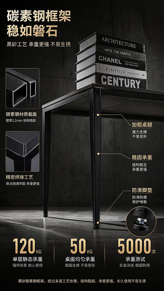 [第4张] 结构工艺页-黑砂碳素钢框架承重力与稳固性展示。本张使用【图1】的茶几框架作为主体，保持黑砂碳素钢桌腿、框架结构与原图一致。
[氛围/风格] 工业硬核风，结构力量感，专业工艺展示，商业摄影质感。
[元素布局] 画面主体为茶几侧视角度，突出桌腿与框架结构，占比约50%；茶几上放置厚重书籍或重物展示承重，桌腿底部特写展示防滑脚垫；背景为深灰色工业风墙面，左侧有碳素钢材质截面示意和焊接工艺特写小图。
[光影质感] 侧方硬光勾勒碳素钢框架线条，黑砂质感呈现细腻颗粒感，金属边缘有微弱高光，阴影硬朗，突出结构力量感。
[配色色系] 全局底色 #1A1A1A 纯黑；主色黑砂碳素钢；辅助色暖白文字、金色数据标注。
[视角构图] 侧视微仰视角度，突出桌腿的挺拔与稳固，阅读动线从左侧结构说明→中部产品主体→底部承重数据。
[文字版式] 左上主标题「碳素钢框架 稳如磐石」，副标题「黑砂工艺 承重更强 不易生锈」；右侧三个数据标签「加粗桌腿」「稳固承重」「防滑脚垫」，配引线指向对应部位；底部一行工艺说明文字。
[比例分辨率] 9:16竖版比例，4K分辨率，文字清晰可辨，高清画质。
[负向提示词] 框架变形，结构错误，颜色偏差，水印，文字错乱，文字过小，桌腿粗细不均，承重演示不自然。