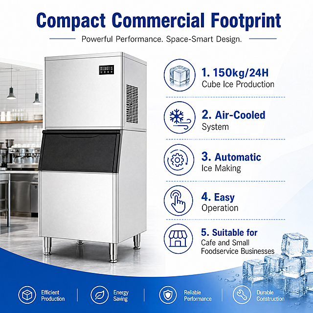 Professional B2B product advantage infographic for a commercial floor-standing cube ice maker. Clean Alibaba OEM style with white and blue color scheme, no logo. Main title at top: 'Compact Commercial Footprint'. Left side features a full-size image of the tall freestanding ice machine (white body, black middle ice outlet panel, stainless steel legs) - showing it is a full-height floor-standing unit, not a small countertop machine. Right side lists 5 key features with icons: 1) 150kg/24H Cube Ice Production, 2) Air-Cooled System, 3) Automatic Ice Making, 4) Easy Operation, 5) Suitable for Cafe and Small Foodservice Businesses. Clean modern typography, professional commercial infographic layout. The design emphasizes efficient footprint, not small height. Square 1:1 format.
