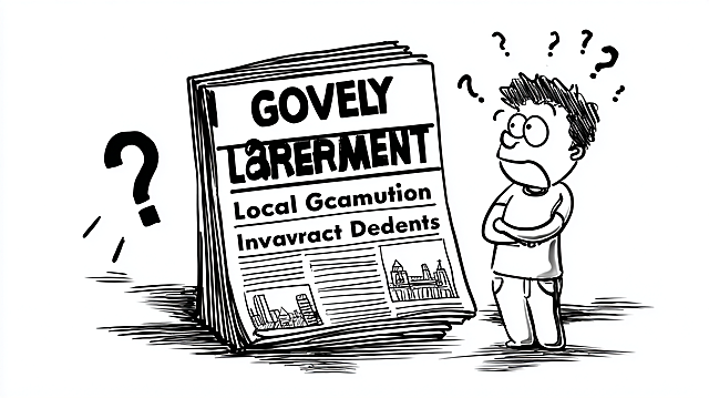 black and white vector illustration, simple hand-drawn style, a giant newspaper in the center of the picture, the newspaper has bold black headlines "供给侧改革", "Local Government Debt", "Urban Investment", a small confused cartoon figure next to the newspaper tilting its head with a big question mark above its head, clean background with a few simple lines representing the desktop, clean composition, minimalist, line art, no shading