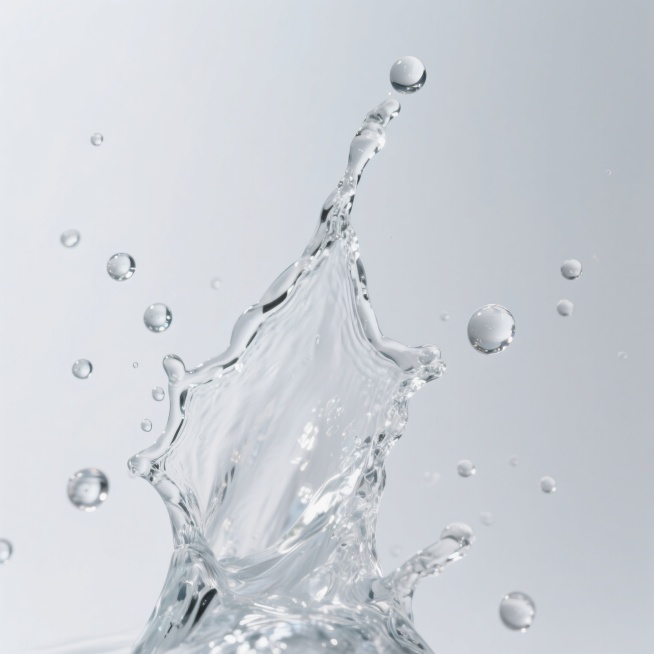 透明的水以高速泼溅形成充满动感的水花，水花形态丰富，包含向上飞溅的主水流、四散的细小水滴和圆润的水珠，水滴表面有明亮的高光反射，呈现出清晰的液体透明度和流动性，背景为纯白色，整体画面干净简洁，光影效果突出水的晶莹质感和动态瞬间。预览效果