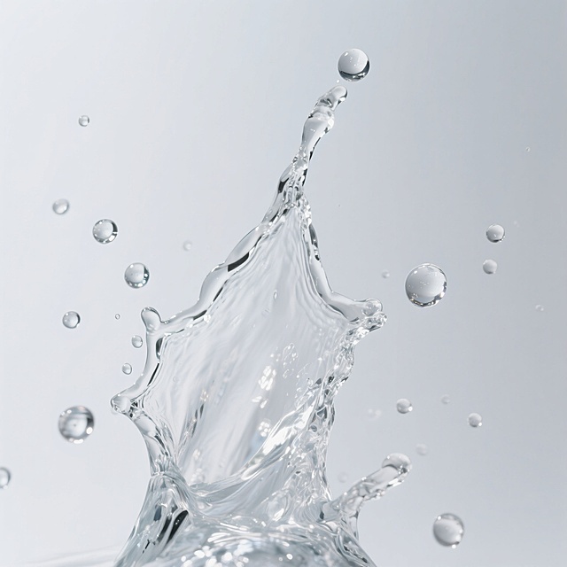 透明的水以高速泼溅形成充满动感的水花，水花形态丰富，包含向上飞溅的主水流、四散的细小水滴和圆润的水珠，水滴表面有明亮的高光反射，呈现出清晰的液体透明度和流动性，背景为纯白色，整体画面干净简洁，光影效果突出水的晶莹质感和动态瞬间。