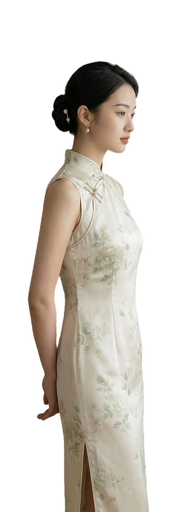 参照以上图片的色彩，并生成以下描述的图片：一位年轻东方女子身着米白色无袖丝绸旗袍，旗袍上点缀淡雅绿色花卉图案，领口精致盘扣，发髻配小巧耳坠，侧身站立双手背在身后，背景为水墨山水画屏风，木制小几上摆放小型盆栽，整体色调以象牙白、淡石绿、水墨青为主，点缀赭石色与墨黑色，形成清雅和谐的东方色彩体系，色彩过渡自然柔和，层次丰富