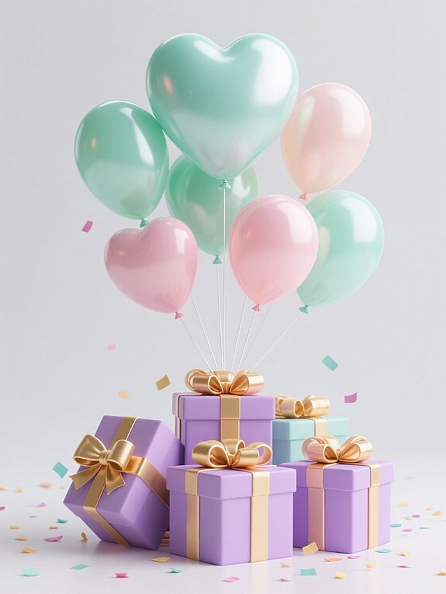 白色背景下，一组3D渲染的礼物盒与气球组合，主体为多个大小不一、形态各异的气球，包括圆形和心形，气球颜色改为清新的薄荷绿与淡粉色渐变，表面有细腻的光泽感和轻微的反光效果，气球下方由白色细绳连接，底部是几个堆叠的礼物盒，礼物盒颜色改为淡紫色，表面有金色丝带蝴蝶结装饰，丝带带有立体感和褶皱细节，周围散落着与气球同色系的彩色纸屑，整体光影为柔和的顶部光源，营造出轻盈、欢快、梦幻的氛围，具有高分辨率的细节和光滑的质感表现。