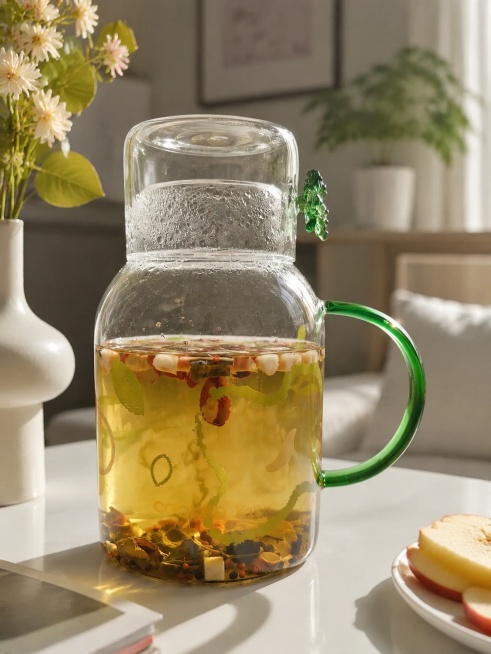 苹果山楂荷叶茶冲泡特写，玻璃壶中泡好的茶汤，上午干净整洁的客厅桌面场景，侧逆光，治愈柔和自然光，日常实拍分享，桌面整洁协调，审美高级，茶汤通透诱人，比例3:4，保留【图4】玻璃壶和茶汤的真实外观预览效果