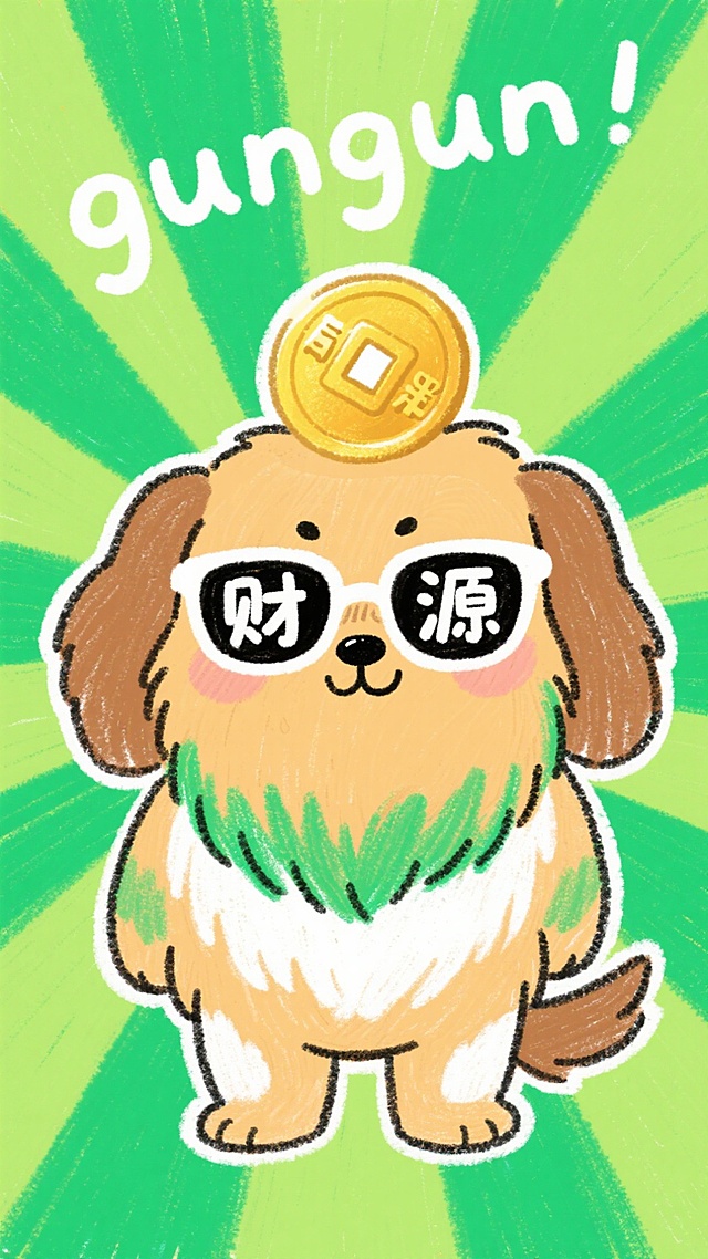 一只棕色描边的Q版卡通胖胖大金毛正面（绿色+白色+棕色），头顶有个大大的金铜钱，带着白色镜框的墨镜，镜片上分别写着"财"和"源"两个白色字。绿色背景（带有放射线），上面”gungun！“