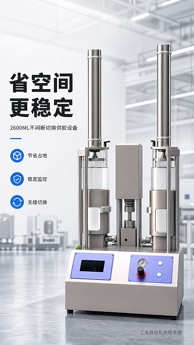 [第1屏] 详情页头图-2600ML不间断切换供胶设备核心优势宣传海报，本屏使用【图1】作为商品主体，保持产品物理结构、材质质感、颜色与输入产品图一致。
[氛围/风格] 专业工业科技风，现代工厂车间场景背景，高级灰科技氛围，商业摄影质感，画面简洁专业突出产品
[元素布局] 供胶设备主体放置在画面右侧，占据画面约65%-70%区域，主体结构保持不变。背景为浅灰色工业风车间环境，带有模糊设备轮廓和金属质感地面，左侧预留文字区域。整体画面干净有科技感，突出产品紧凑体积和专业工业设计。
[光影质感] 左侧柔和主光照亮设备正面，右侧辅助光勾勒轮廓，底部形成自然投影，金属部件清晰高光，整体明暗层次分明，产品结构清晰真实。
[配色色系] 全局底色：#F0F2F5（浅工业灰）；主体配色：保留产品原银灰色+浅紫色控制面板；辅助色：#2563EB（科技蓝）；文字色：#111827（深灰黑）
[视角构图] 正面平视45°微仰视构图，设备主体右置，左侧完整留白给文字，整体符合9:16竖版阅读动线。
[文字版式] 左侧竖向排版：主标题在上，副标题在中，下方三个功能图标加短标签。主标题 "省空间 更稳定"，字体加粗深灰色，字号约为画面宽度7%，左对齐；副标题 "2600ML不间断切换供胶设备"，字号约主标题40%，深灰色；主标题下方三个功能标签："节省占地"、"稳定监控"、"无缝切换"，每个标签搭配蓝色小圆图标，双行排列，文字不遮挡设备主体。右下角添加浅灰色技术角标 "工业自动化供胶系统"。
[比例分辨率] 9:16竖版比例，4K分辨率，文字清晰可辨，超高清。
[负向提示词] 产品变形，结构错误，缺件错件，颜色偏差，水印，文字错乱，产品模糊，背景杂乱，违规极限词