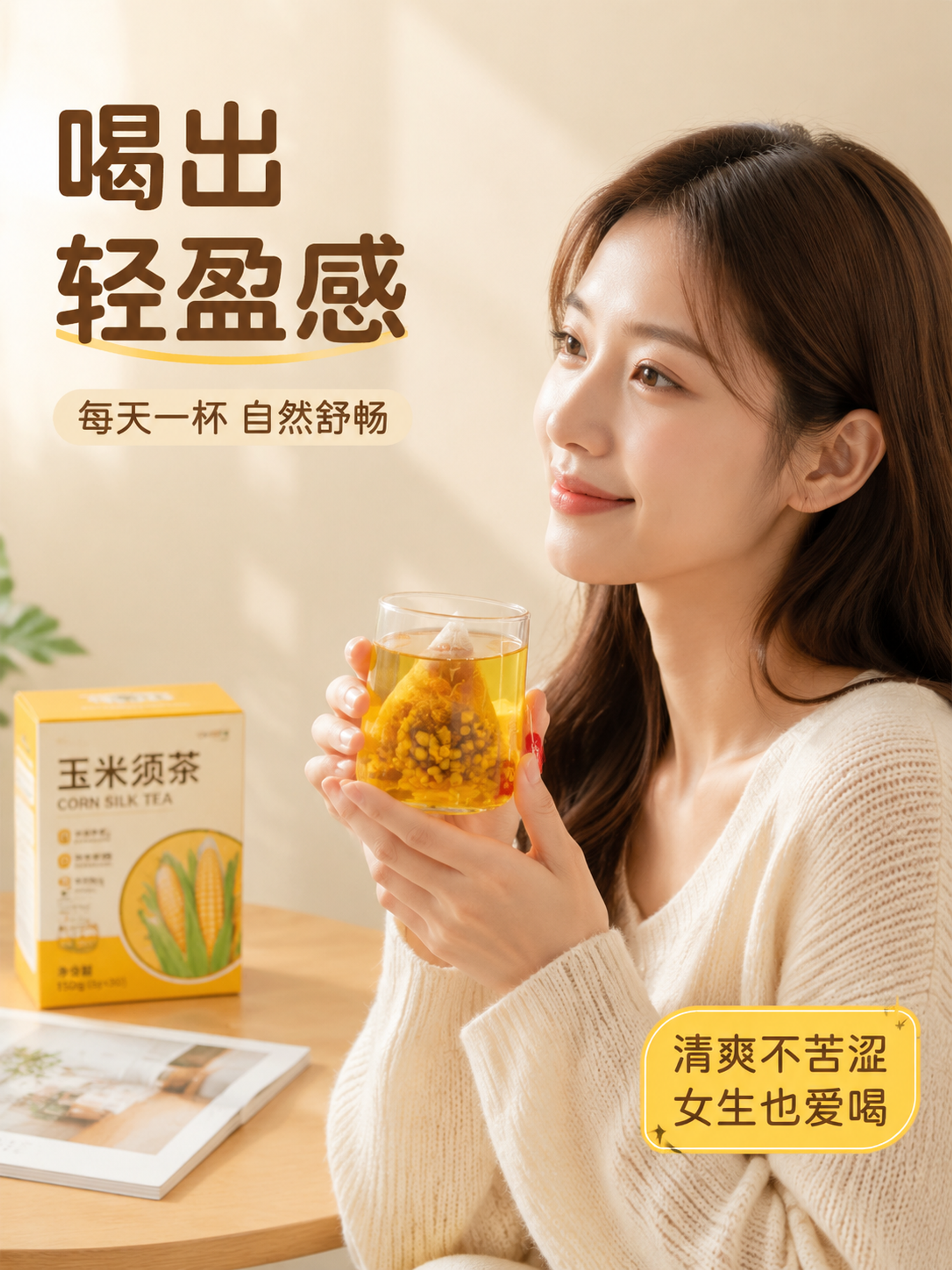 电商详情页模特展示页，年轻女性手持玉米须茶生活方式图。本张使用… - 图片创意预览