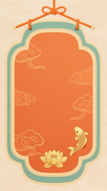 中国传统风格的挂签设计，主色调为暖橙色底，边缘有浅绿色与米黄色双层描边，顶部系有橙色绳结，右下角装饰一条金色鲤鱼，底部中央有一朵金色莲花图案，整体呈现古典雅致的国风氛围，背景带有细腻的祥云暗纹，挂签边框变换为云纹波浪形样式，线条流畅优美，保留传统韵味的同时增添新的装饰细节，画面简洁大方，充满东方美学意境。预览效果