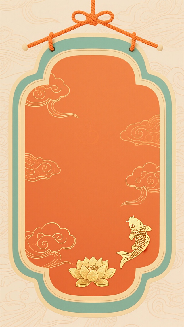 中国传统风格的挂签设计，主色调为暖橙色底，边缘有浅绿色与米黄色双层描边，顶部系有橙色绳结，右下角装饰一条金色鲤鱼，底部中央有一朵金色莲花图案，整体呈现古典雅致的国风氛围，背景带有细腻的祥云暗纹，挂签边框变换为云纹波浪形样式，线条流畅优美，保留传统韵味的同时增添新的装饰细节，画面简洁大方，充满东方美学意境。