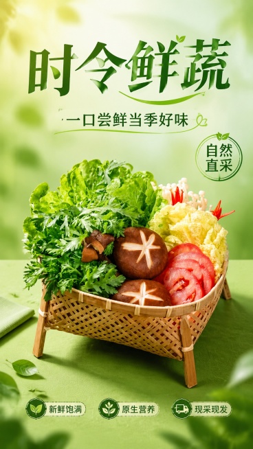 时令蔬菜商品营销海报，9:16竖版，写实商业生鲜摄影风格，自然清新食欲感，画面主标题文字"时令鲜蔬"，副标题文字"一口尝鲜当季好味"，装饰文案"自然直采"，卖点标签文字"新鲜饱满""原生营养""现采现预览效果