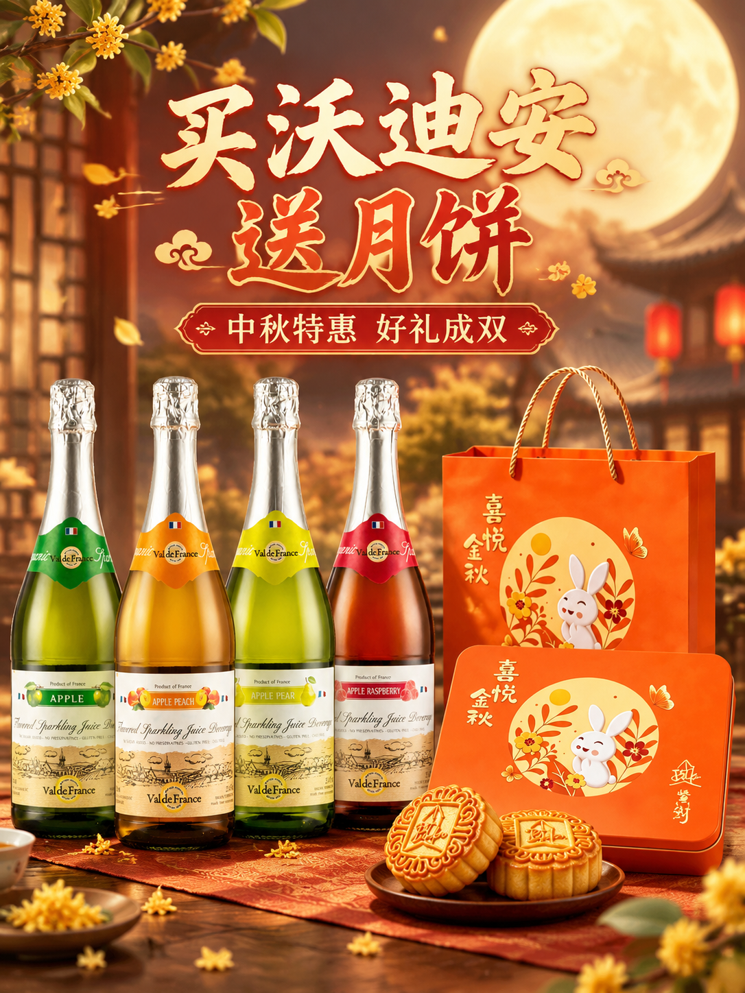 中秋节日氛围推广图，画面主体为4瓶沃迪安（Val de Fra… - 图片创意预览