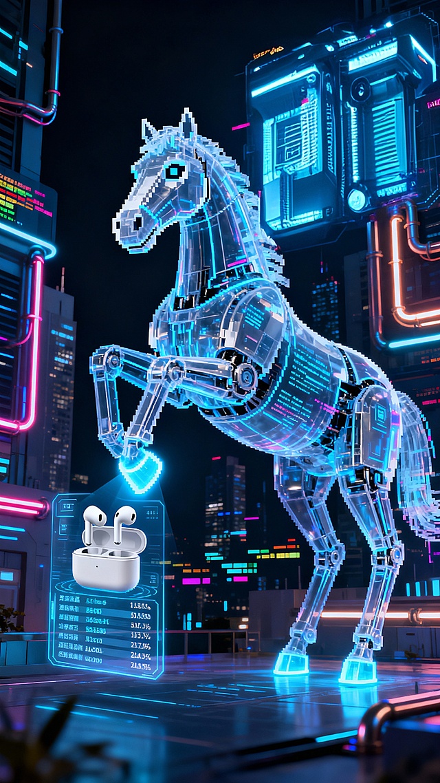 赛博朋克风3D透明机械马，霓虹蓝光流淌，玻璃质感与金属结构交织，虚拟现实界面悬浮展示耳机数据，未来科技感十足。