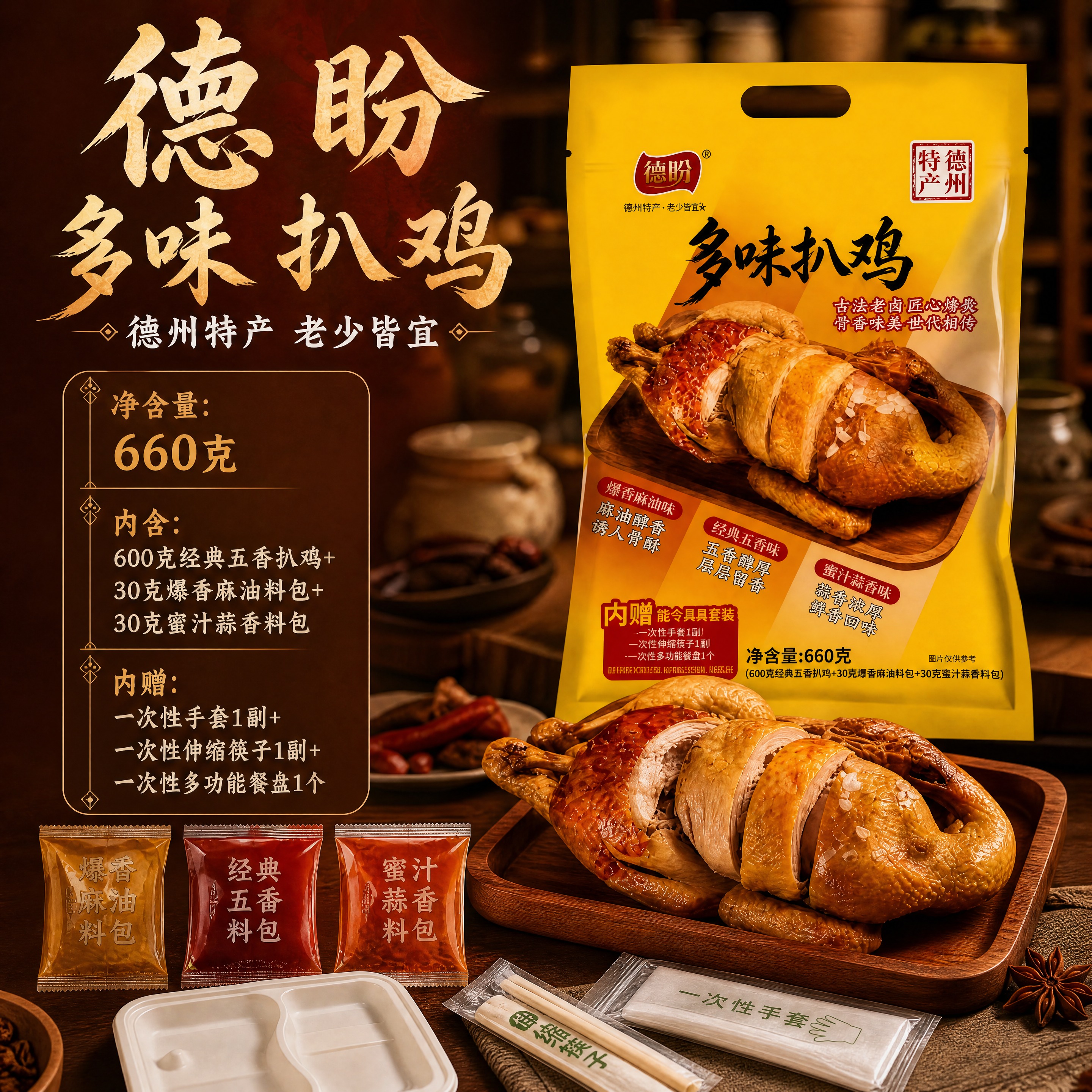 [商品] 使用【图1】德盼多味扒鸡规格信息长图；保留包装袋原貌… - 图片创意预览
