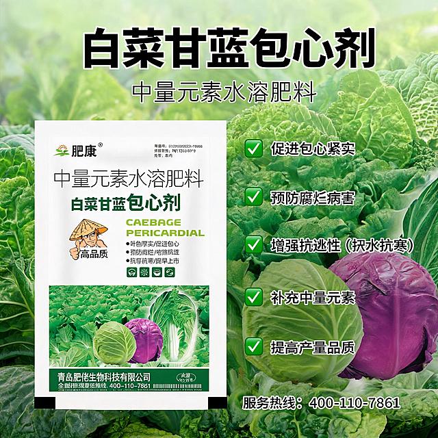 白菜甘蓝包心剂产品主图，突出产品功效：促进包心紧实，预防腐烂病害，增强抗逆性，补充中量元素，提高产量和品质，产品包装清晰展示，背景为清新农业绿色风格，适合拼多多农资推广，比例1:1