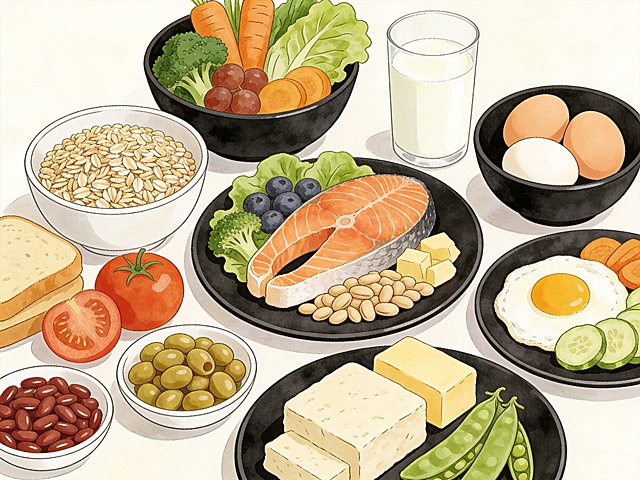 手绘插画风健康膳食图片，画面摆放多种健康食材，包含谷物、新鲜蔬菜水果、优质蛋白鱼肉蛋奶豆制品，整体干净清爽，色彩清新柔和，手绘质感自然细腻，无任何文字，高分辨率，细节丰富