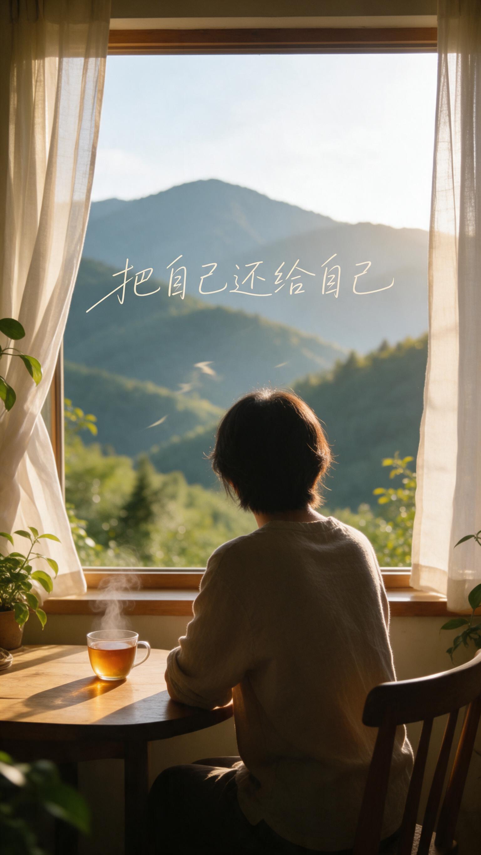 窗边发呆场景，一位老师的背影坐在窗边木桌旁喝茶，望向窗外连绵的… - 图片创意预览