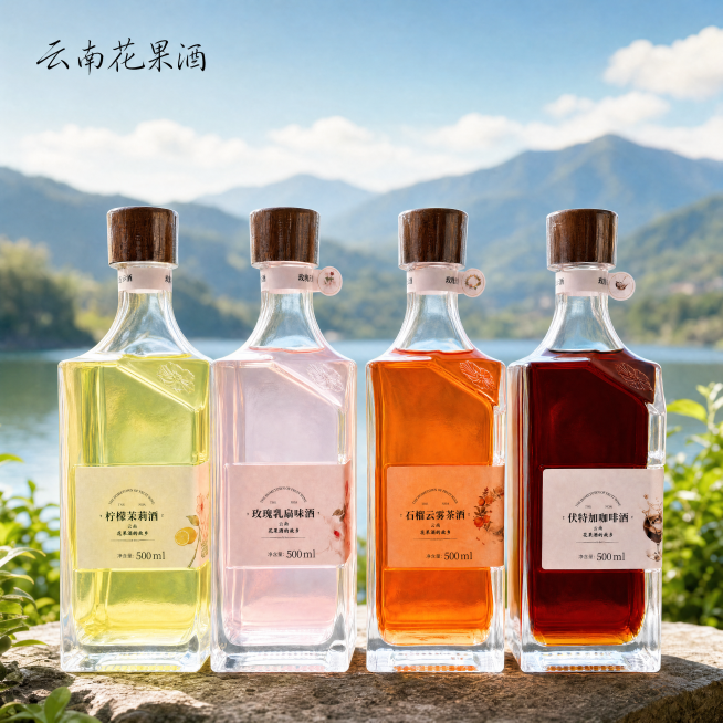 产品精修：四瓶云南花果酒（柠檬茉莉酒/玫瑰乳扇味酒/石榴云雾茶酒/伏特加咖啡酒）进行商业化精修，提升整体质感与高级感，光影立体通透. 背景设置为湖畔石台+虚化蓝天远山，替换原黄昏庭院背景，营造清新自然预览效果