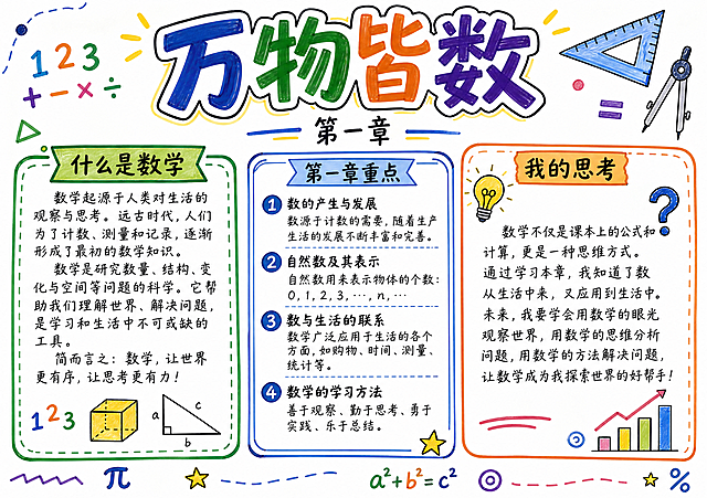 一张"万物皆数·第一章"主题的学生手抄报，马克笔手绘风格，白色底，A4横版297x210mm，版式简洁清爽。画面顶部居中是大标题"万物皆数"，字体用马克笔粗体艺术字，下方小字标注"第一章"。手抄报分为三个简洁的内容板块，用简单的几何图形边框和线条装饰：左侧板块标题"什么是数学"，用简洁文字介绍数学的起源和意义，配简单的数字、几何图形小插图；中间板块标题"第一章重点"，列出3-4条本章核心知识点，用序号标注，简洁明了；右侧板块标题"我的思考"，留出书写区域，配简单的灯泡、问号小图标。整体用马克笔风格的数字符号、几何图形、直尺圆规等元素做简单装饰，边角有手绘小图案点缀。背景为纯白色纸张质感，所有文字区域填充完整合理的示例内容，排版简洁大方，层次分明，不过度装饰，符合"简单"的要求。画面中所有信息区域必须填充完整合理的内容，不得出现空白框或待填写区域。