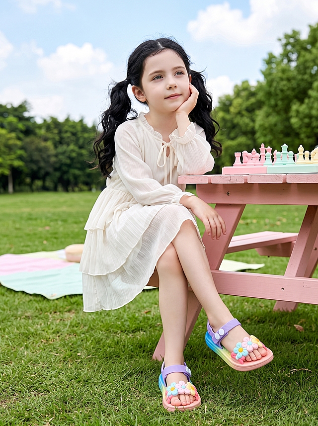 商业儿童服装摄影，清新甜美风、电影级光影，竖版 3:4 全身照、头顶与双足完整不裁切。鞋子严格按上传参考图，绝不可换款：儿童彩虹渐变花朵凉拖——露趾凉鞋结构、鞋头开放、脚趾自然露出且形状正常；鞋床为 EVA 发泡材质、从蓝到绿到黄到粉的柔和彩虹渐变、表面均匀圆形透气孔；鞋面是一条粉黄薄荷绿配色的立体雏菊花朵装饰带（约五朵大花与两朵小花，花心有黄色圆点）；脚背与后跟为紫色织带、带魔术贴粘扣与两枚白色圆形铆钉、紫色后跟带；鞋底为浅粉色厚 EVA 底约 1.5cm、无文字无 logo；鞋面完整朝向镜头、花朵与鞋床清晰可见、焦内最锐利。主体：8 岁白人（高加索）女童模特——浅白肤色、欧美立体五官：高鼻梁、深眼窝、轮廓清晰、浅色瞳孔，绝不是东亚面孔；黑色长卷发扎成可爱的双马尾（蓬松微卷、发梢自然翘起）；面容甜美可爱、天真乖巧，非成人化、不夸张大眼。服装：米白色薄纱长袖衬衫裙（儿童剪裁、纱质轻盈有细纹理、内衬完整不透、领口系带），鞋内直接穿着、不穿袜子。姿态：坐在马卡龙粉色户外木质野餐桌椅上，双腿交叠自然垂在桌沿外、鞋尖轻轻点地（只轻触草地，鞋面朝镜头、鞋底不露）；一只手撑在桌边木沿上、手掌贴合边缘有接触阴影，另一只手托着下巴、手肘轻搭膝盖；目光向上、神情天真。场景：桌面上摆着马卡龙色国际象棋（粉、薄荷绿、奶黄色棋子、无文字）；背景是马卡龙色野餐布、绿草地、树木与蓝天白云；明亮日间自然光、柔和阴影；低角度取景，焦点锁定脚部与凉拖，人物清晰、背景柔和虚化。画面风格：8K 高清细节、真实摄影质感、清新甜美、生动自然、商业广告级光影。画面必须避免：模糊、低画质、扭曲、丑陋、多手指、缺手指、手指畸形、肢体缺失、鞋子变形、改色改款、多出第三只鞋、鞋子变包头鞋或洞洞鞋或玛丽珍、鞋上文字字母logo、袜子、双脚或头部被裁切、脚趾缺失或多趾畸形、鞋底正对镜头、露出鞋底、东方面孔、单眼皮小眼、扁鼻梁、成人化美颜、僵硬呆板、夜晚、日出日落暗光、背景建筑人群、水印、边框、过曝、暗部死黑。