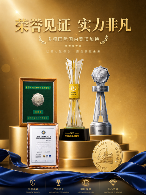 设计一张荣誉海报，将图中的多个奖杯奖牌放置在金色展示台上交错展示，添加简洁介绍文字，整体背景为金色，海报底部用蓝色绸带点缀，海报风格高级有质感预览效果