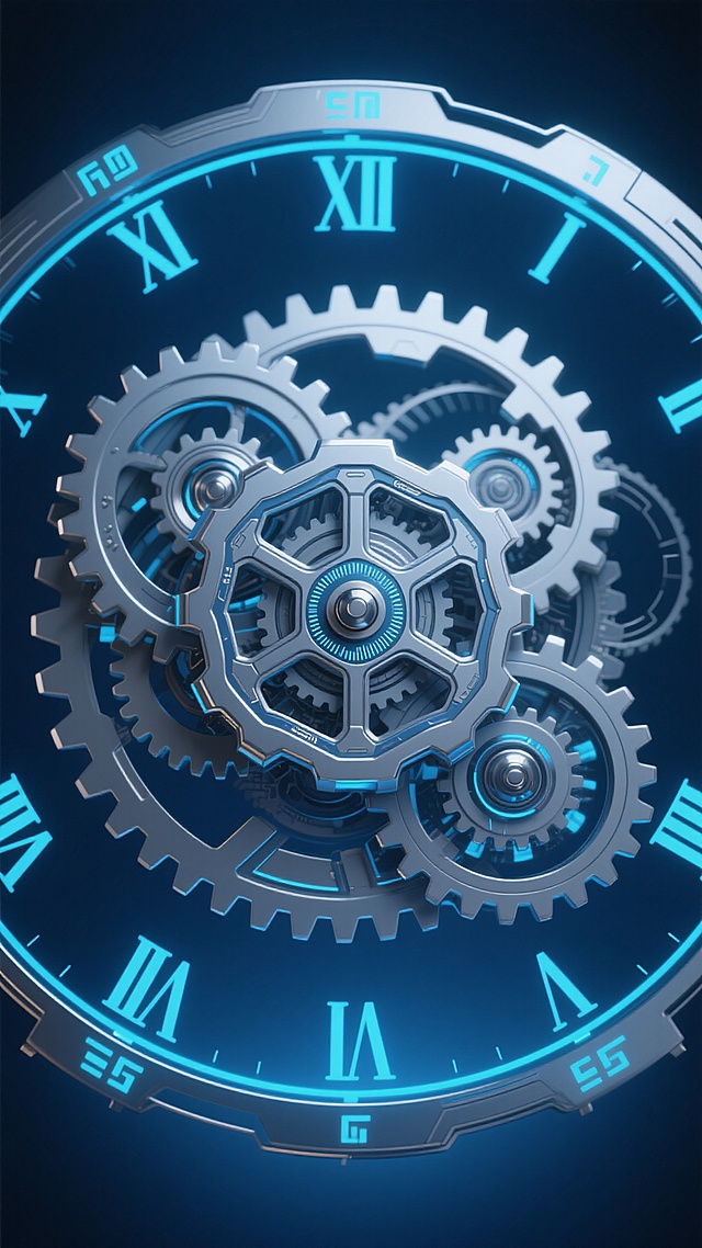 3D渲染风格的精密机械齿轮装置，以深蓝与银色为主色调，搭配金属灰的齿轮轴心与点缀其间的冰蓝色高光细节，整体呈现冷冽科技感。画面中心是多层嵌套的齿轮组，保留原有的复杂机械结构与精密咬合关系，但齿轮造型改为更具未来感的流线型设计，部分齿轮边缘带有几何切割棱角，中心主齿轮采用六边形辐条结构并刻有细密的电路纹路。背景为深邃的深蓝色渐变，外圈环绕着带有未来科技符号的装饰性圆环，圆环内侧隐约可见发光的蓝色刻度标记，取代原有的罗马数字。整体构图保持对称美学与强烈的视觉层级，通过齿轮的大小对比与空间叠层营造出深邃的机械纵深感，光影效果强调金属材质的光滑质感与齿轮转动时的动态张力，营造出神秘而充满科技感的精密机械氛围。