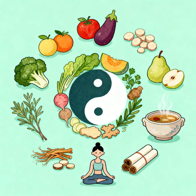 清新手绘风健康养生主题插画，画面是柔和的薄荷绿底色，中央围绕着太极图案摆放着新鲜蔬果、中草药、瑜伽小人、盛着热汤的陶瓷碗、艾灸条等元素，用圆润的线条和马卡龙色调绘制，风格软萌治愈，充满轻松的养生氛围感预览效果
